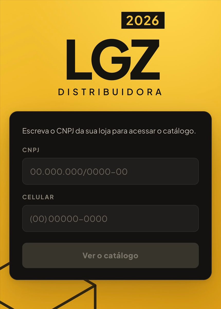 Tela de entrada do catálogo LGZ, com os campos CNPJ e celular e o botão Ver o catálogo