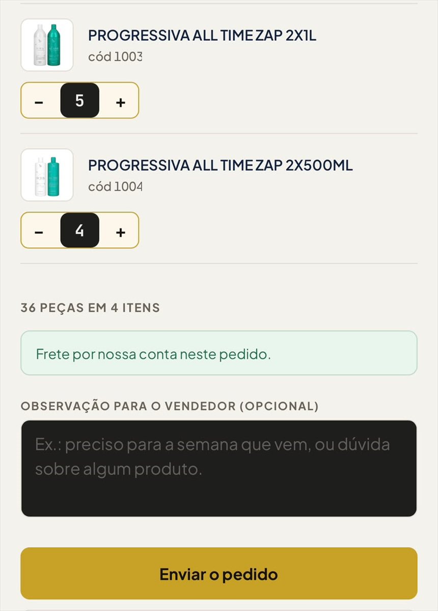 Tela do pedido no catálogo LGZ, com os itens, as quantidades, o campo de observação e o botão Enviar o pedido